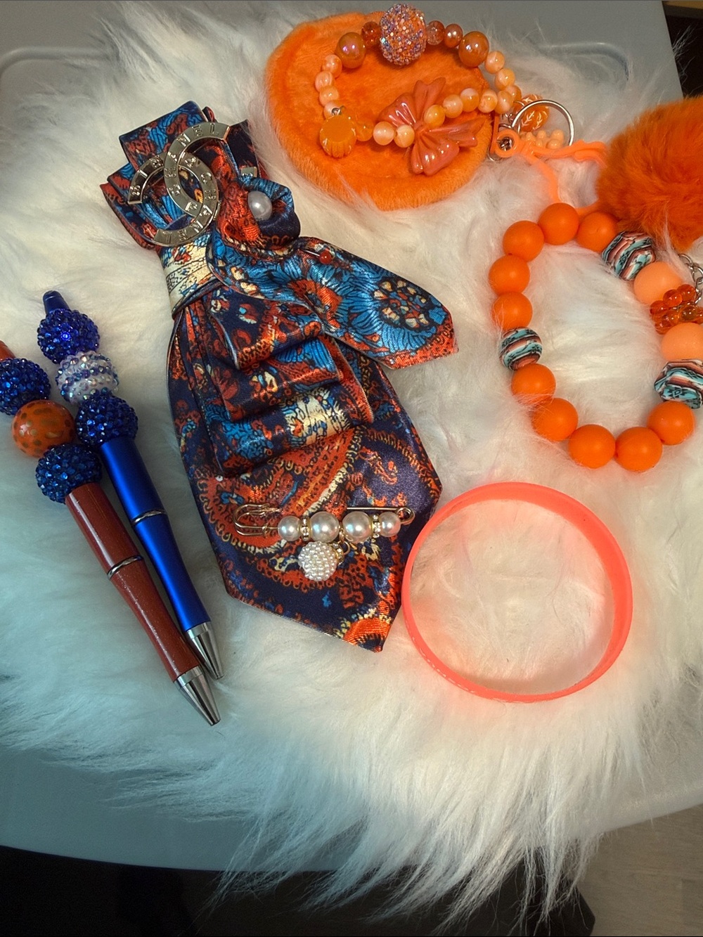 Junk Tie. Silk Paisley  Keychain with Orange Beaded Accessories